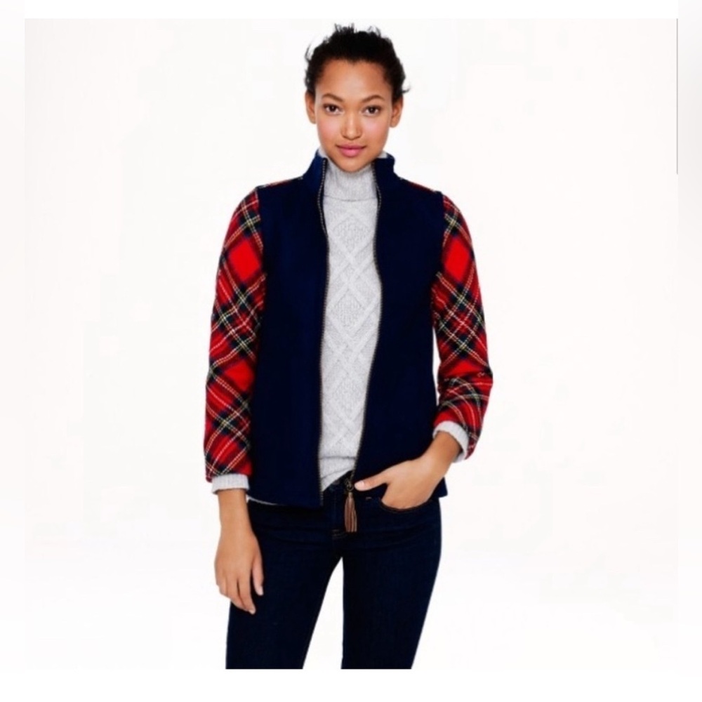 J. Crew Colorblock Shetland Wool Navy Jacket w Red Plaid Arms - Picture 9 of 12